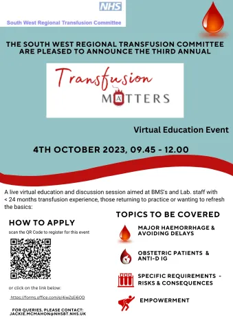 Flyer for Transfusion Matters aimed at junior BMS's covering Major Haemorrhage, Obstetric Patients & anti-D, Specific Requirements and Empowerment